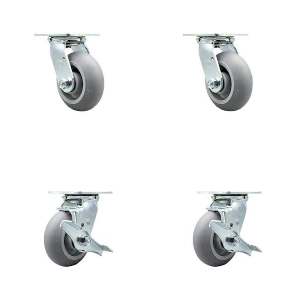 5 Inch Thermoplastic Rubber Swivel Caster Set with Ball Bearings 2 Brakes SCC